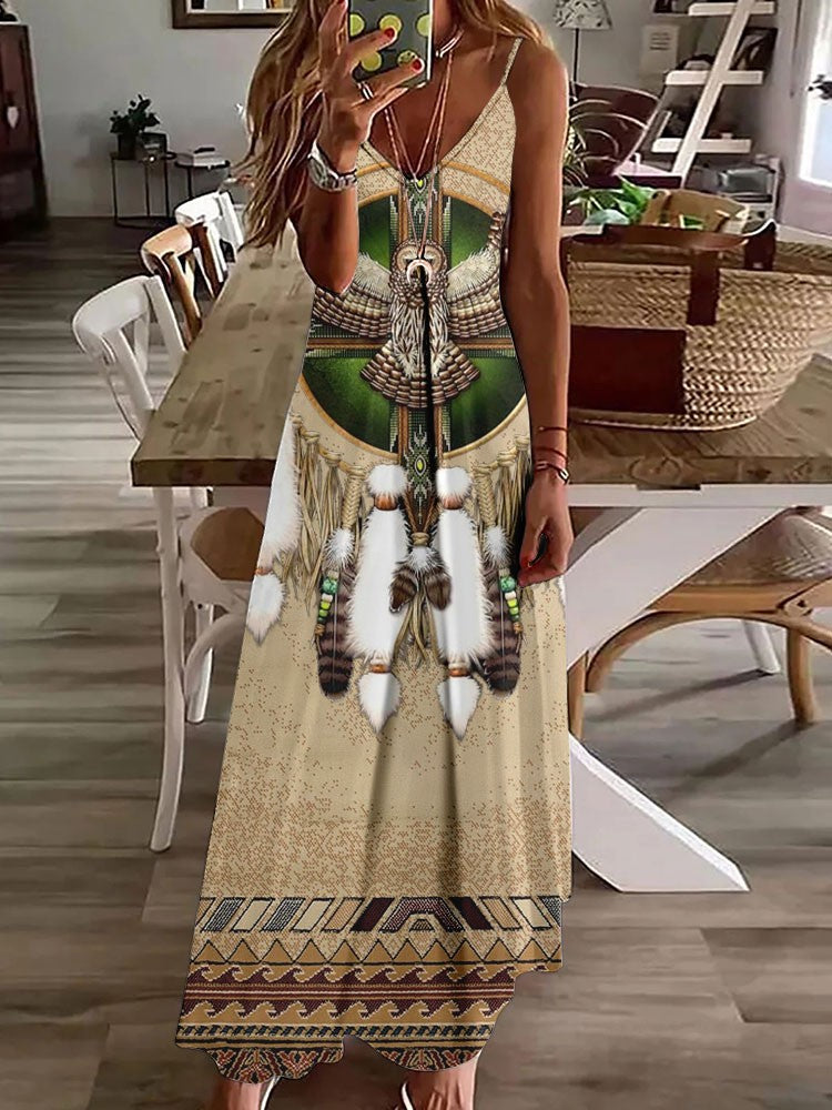 Vestido longo feminino com estampa de coruja indiana, sem mangas, decote V, casual e estiloso para o verão.