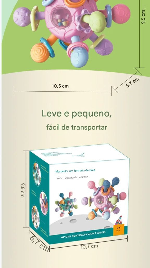 Brinquedo sensorial para bebês 0–12 meses – bola giratória, chocalho, mordedor de silicone e atividade de desenvolvimento.