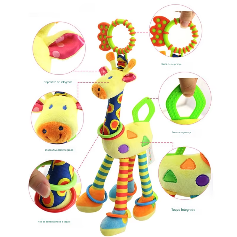 Girafa e zebra de pelúcia macias com sinos e chocalhos, ideal para o desenvolvimento do bebê. Brinquedo com mordedor, perfeito para presentear recém-nascidos.