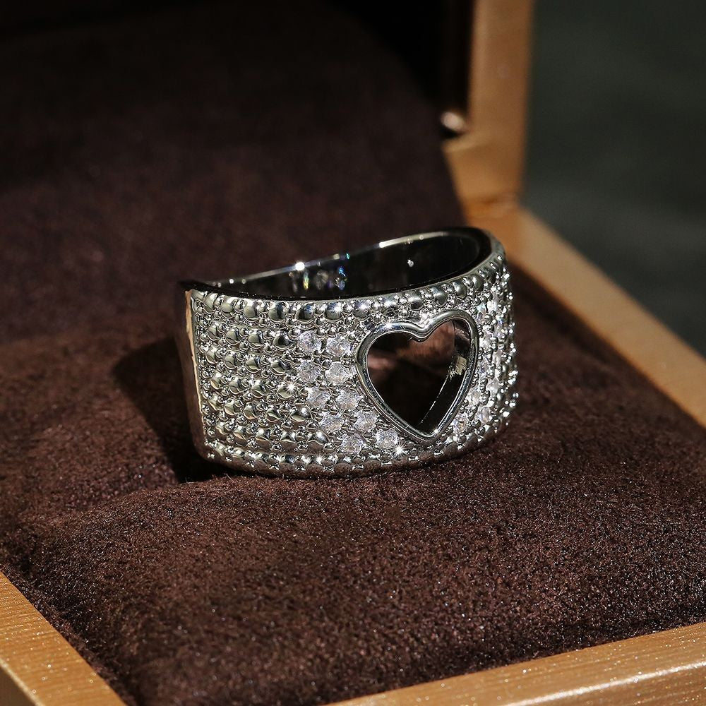 Huitan – Anel de Dedo com Design Vazado em Coração, Cristal Brilhante e Zircônia Cúbica, Joia Feminina para Festa ou Casamento.