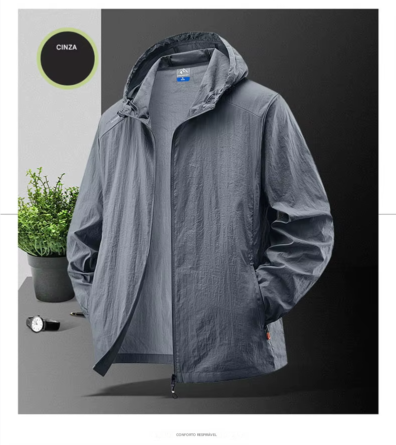 Jaqueta masculina à prova d'água para o verão, ideal para caminhadas, pesca e ciclismo. Com capuz, leve e com proteção solar.