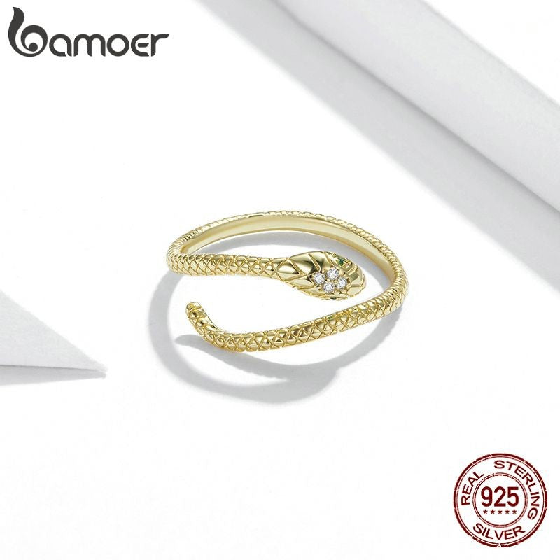 Bamoer | Anel Ajustável em Prata Esterlina 925, Banhado a Platina, com Zircão Verde e Textura Retrô de Cobra – Disponível em 4 Cores.