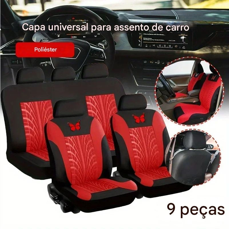 Conjunto Universal de Capas para Banco de Carro 9 Peças – Bordado Borboleta Vermelha, Estilo Elegante e Proteção Completa para Todas as Estações