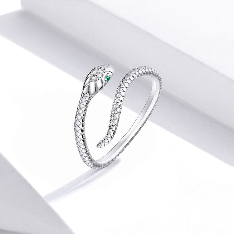Bamoer | Anel Ajustável em Prata Esterlina 925, Banhado a Platina, com Zircão Verde e Textura Retrô de Cobra – Disponível em 4 Cores.