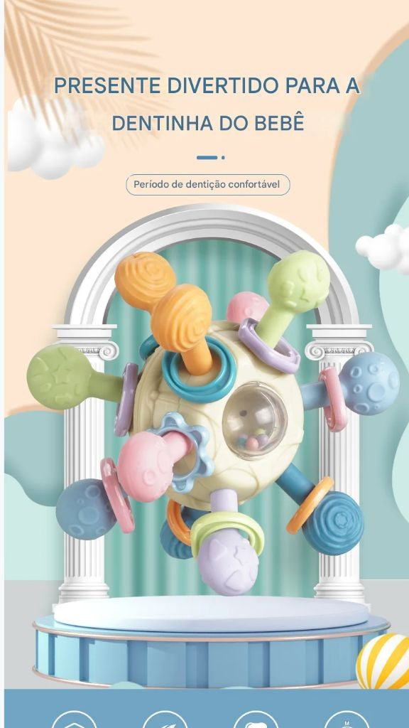 Brinquedo sensorial para bebês 0–12 meses – bola giratória, chocalho, mordedor de silicone e atividade de desenvolvimento.