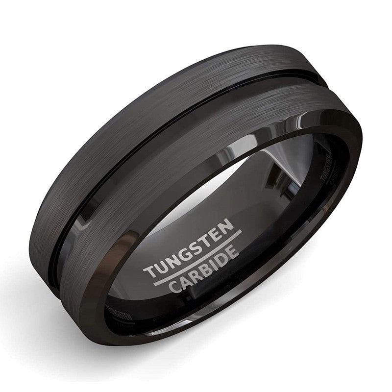 Anel Masculino 8mm em Aço Inoxidável, Ranhura Preta Fosca — Joia Ideal para Casamento, Noivado, Festa ou Presente de Aniversário.