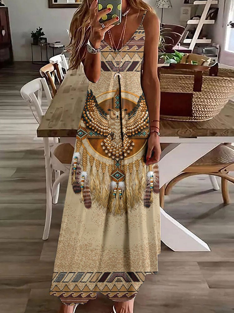 Vestido longo feminino com estampa de coruja indiana, sem mangas, decote V, casual e estiloso para o verão.