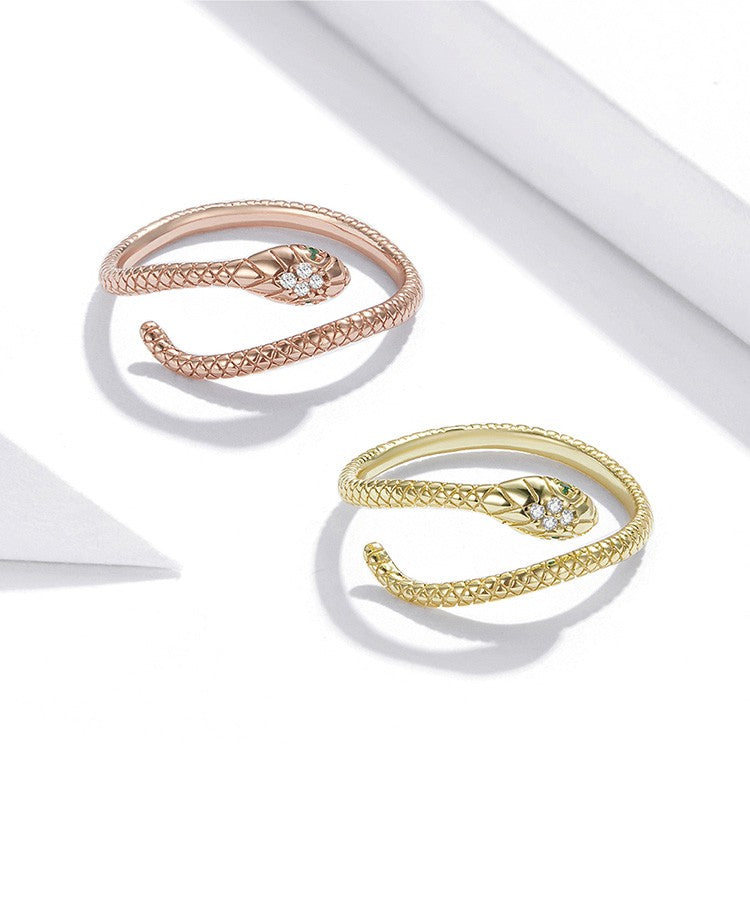 Bamoer | Anel Ajustável em Prata Esterlina 925, Banhado a Platina, com Zircão Verde e Textura Retrô de Cobra – Disponível em 4 Cores.