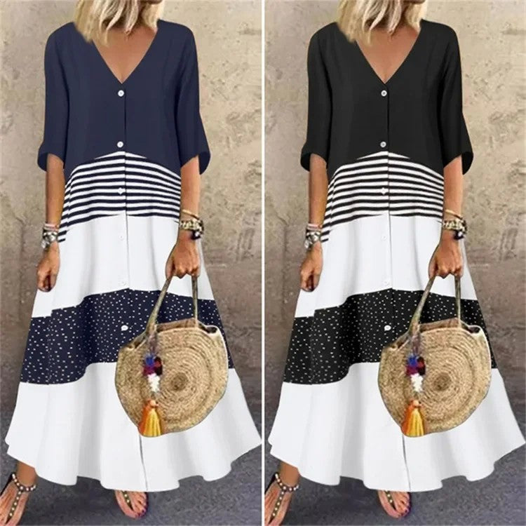 Vestido  primavera – elegante, colorido, decote em V, manga 7/4, estilo casual para férias, com estampa exclusiva!