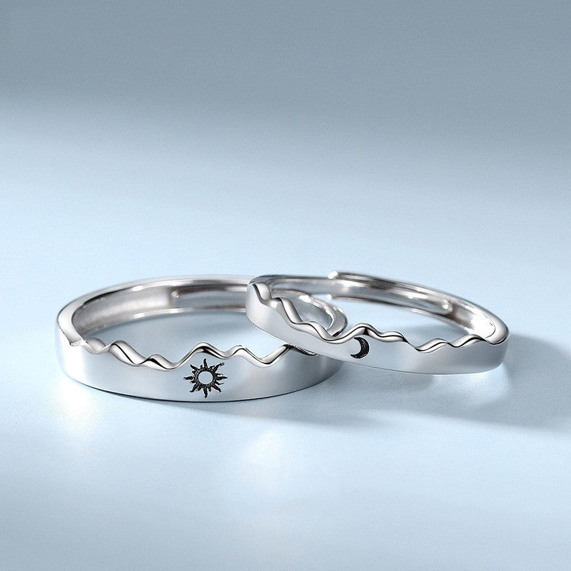 Novo anel ajustável de casal, cor prata, sol e lua — anel aberto para mulheres e homens, ideal para casamento, moda, joias e presentes.