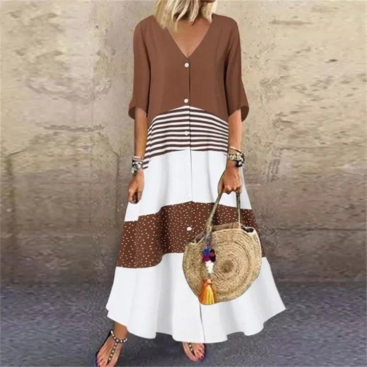 Vestido  primavera – elegante, colorido, decote em V, manga 7/4, estilo casual para férias, com estampa exclusiva!