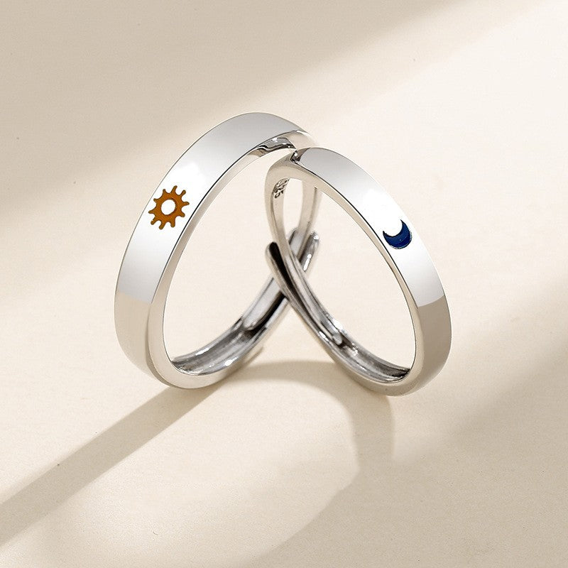 Novo anel ajustável de casal, cor prata, sol e lua — anel aberto para mulheres e homens, ideal para casamento, moda, joias e presentes.