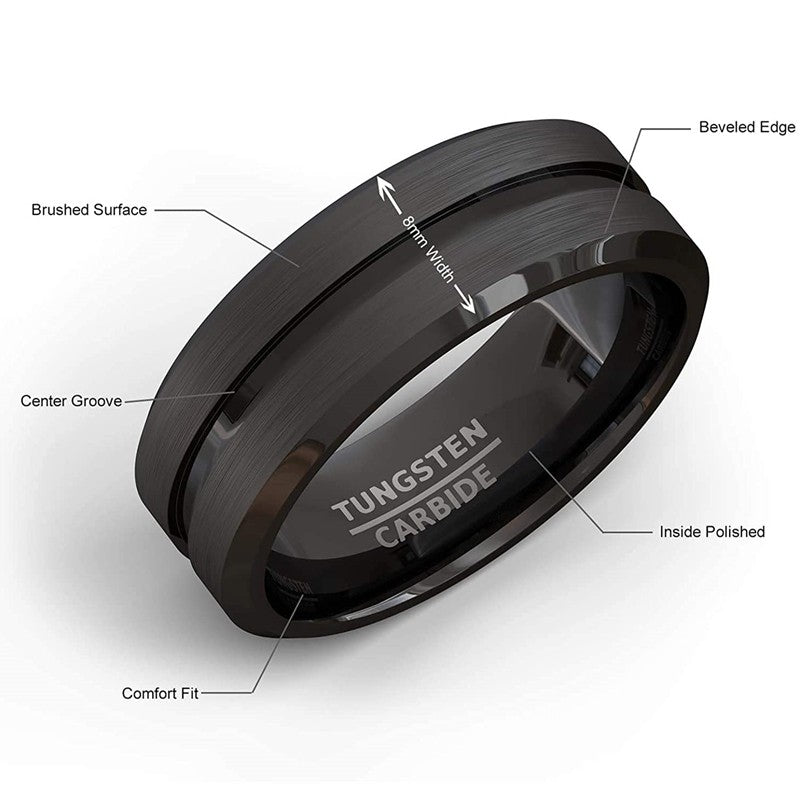 Anel Masculino 8mm em Aço Inoxidável, Ranhura Preta Fosca — Joia Ideal para Casamento, Noivado, Festa ou Presente de Aniversário.