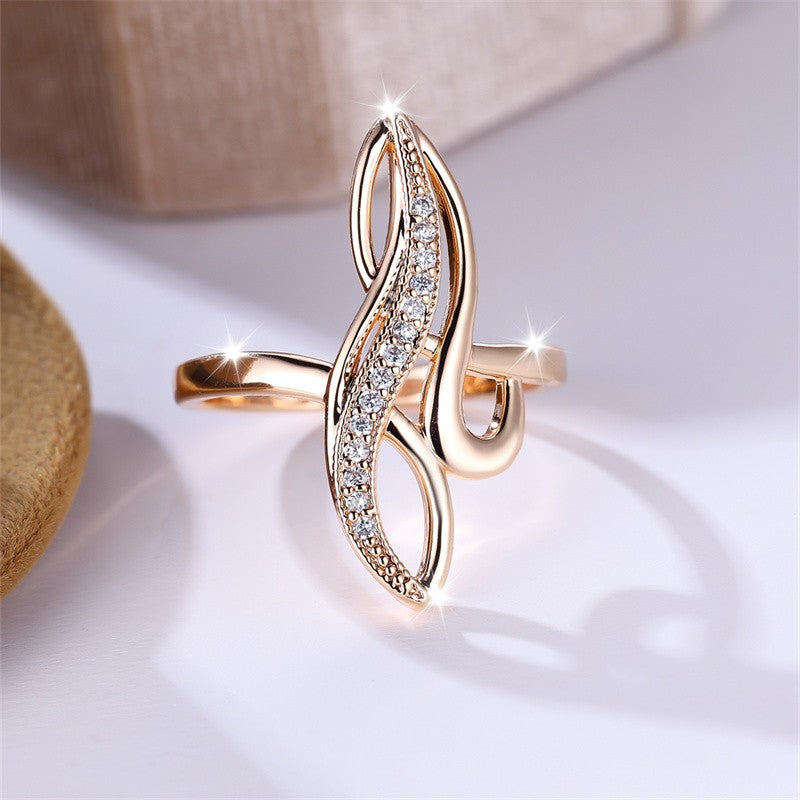 Anel Infinito Exclusivo para Mulheres, com Design de Folhas Geométricas de Árvore, Aliança de Casamento em Champanhe Dourado com Zircônia Branca – Anel de Coquetel Ideal para Festas.