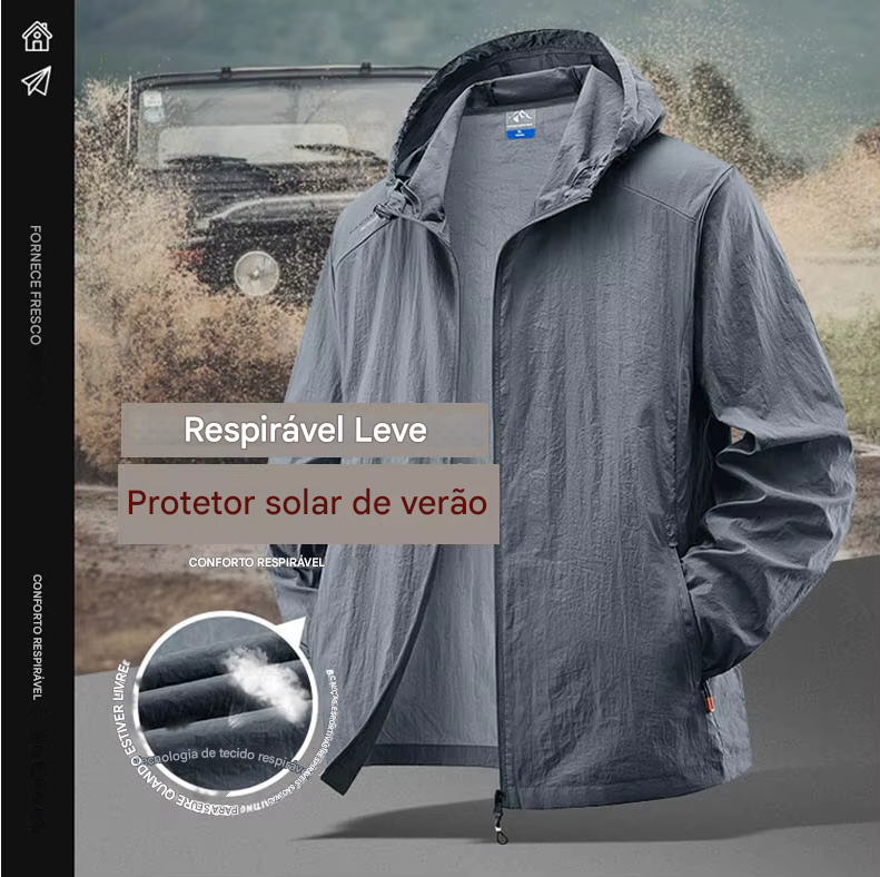 Jaqueta masculina à prova d'água para o verão, ideal para caminhadas, pesca e ciclismo. Com capuz, leve e com proteção solar.
