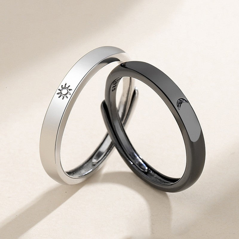 Novo anel ajustável de casal, cor prata, sol e lua — anel aberto para mulheres e homens, ideal para casamento, moda, joias e presentes.