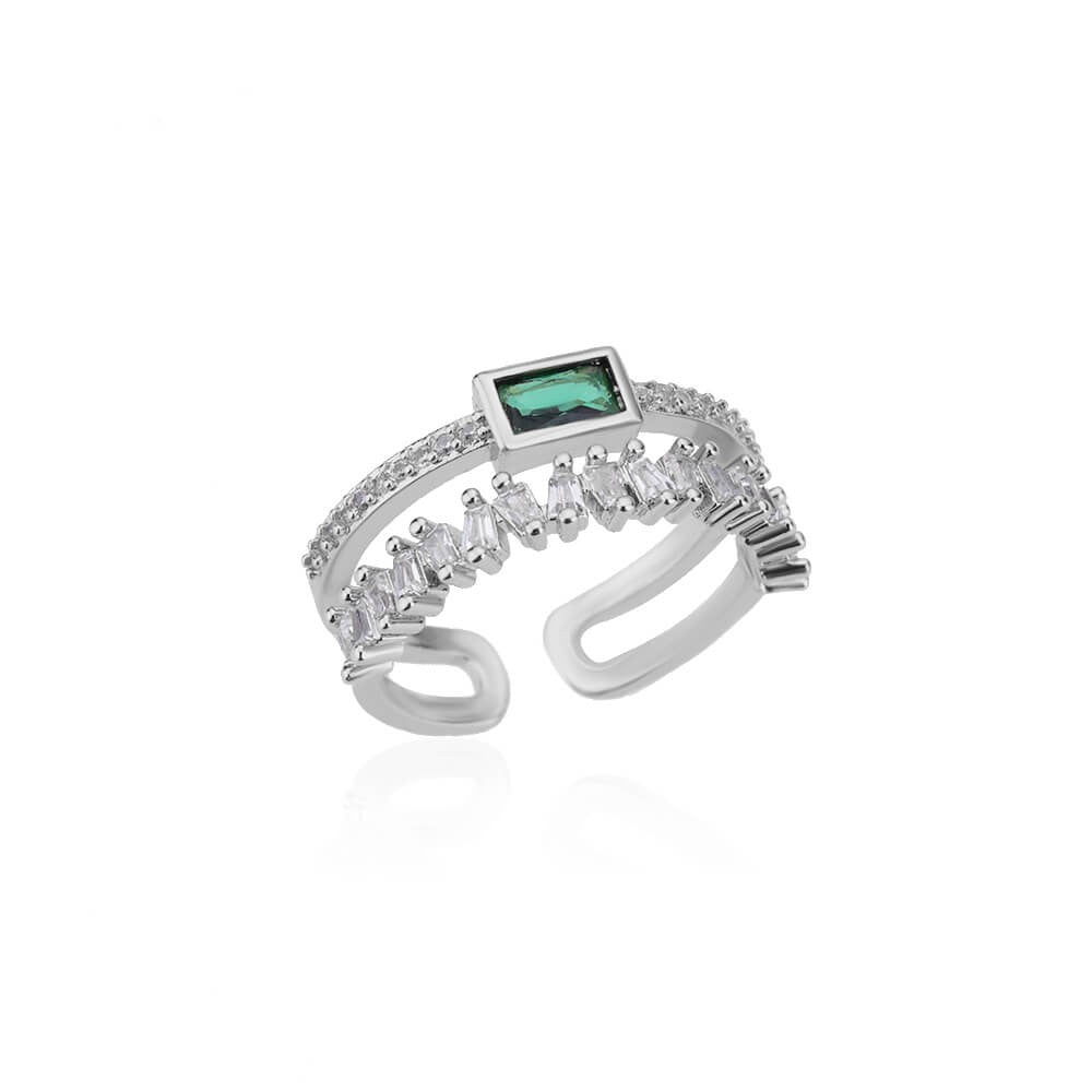 Anel de Zircão Verde Clássico ? | Design Irregular em Camada Dupla ? | Aço Inoxidável Banhado a Ouro ? | Ajustável, Ideal para Casamento ?