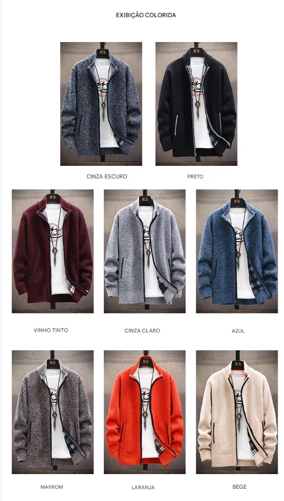 Blusas de lã masculinas para outono e inverno, com zíper. Este cardigan coreano é quente e esportivo, perfeito para os meses frios. Disponível em marrom, é uma peça versátil para o guarda-roupa masculino.