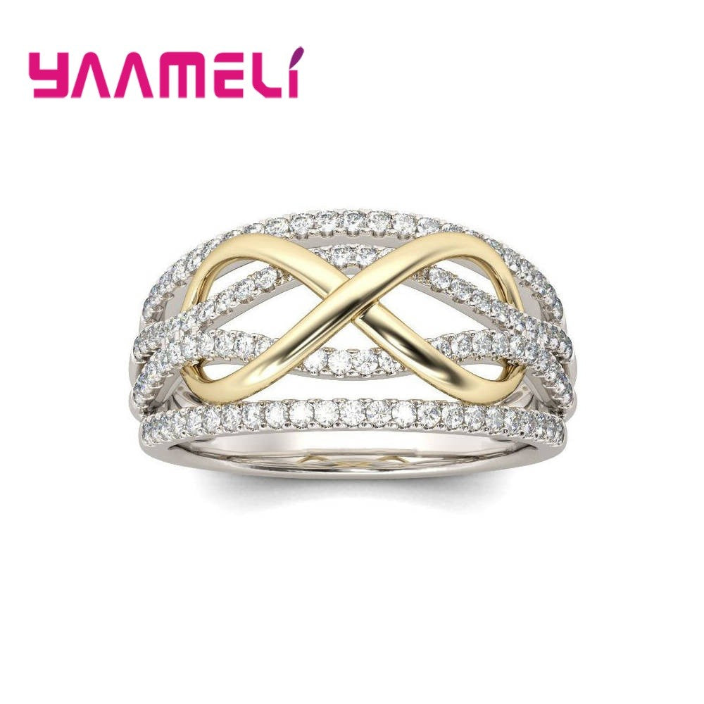 Anel infinito de amor em prata esterlina 925, com acabamento brilhante, zircônia cúbica, design em laço e formato de letra 8. Jóia de eternidade e promessa, perfeita para mulheres e namoradas.