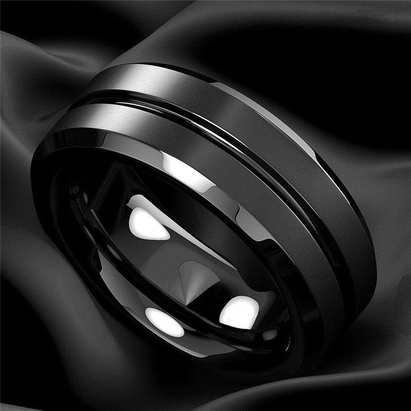 Anel Masculino 8mm em Aço Inoxidável, Ranhura Preta Fosca — Joia Ideal para Casamento, Noivado, Festa ou Presente de Aniversário.