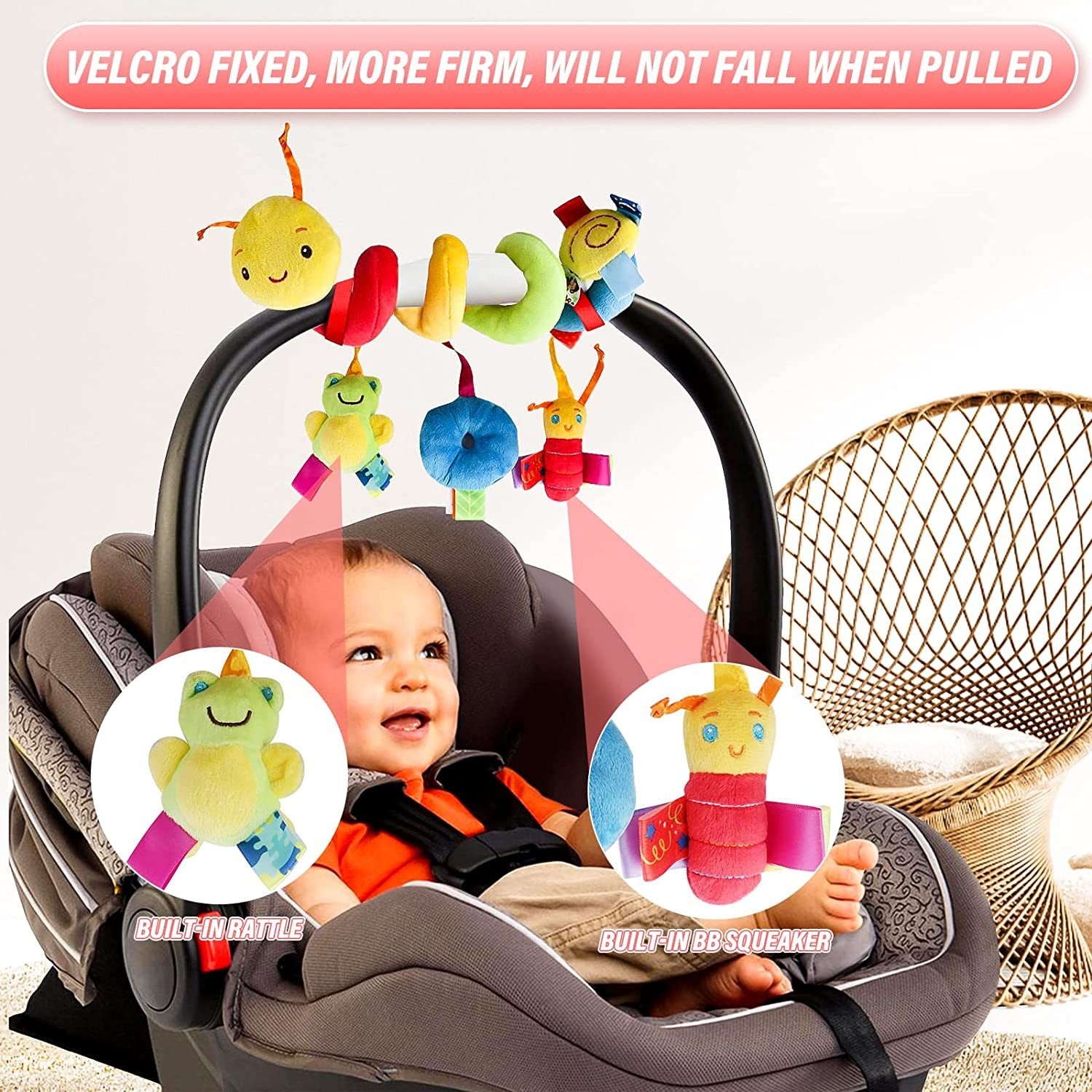 Brinquedo de pelúcia pendurado para bebê – para carrinho e assento de carro, com chocalho e squeaker, ideal para recém-nascidos e viagens.