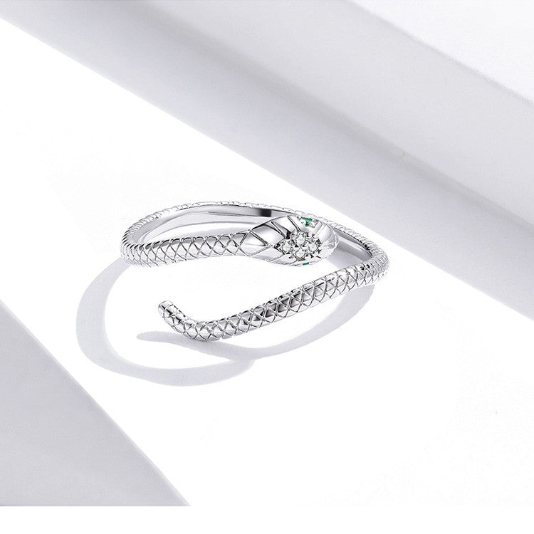 Bamoer | Anel Ajustável em Prata Esterlina 925, Banhado a Platina, com Zircão Verde e Textura Retrô de Cobra – Disponível em 4 Cores.