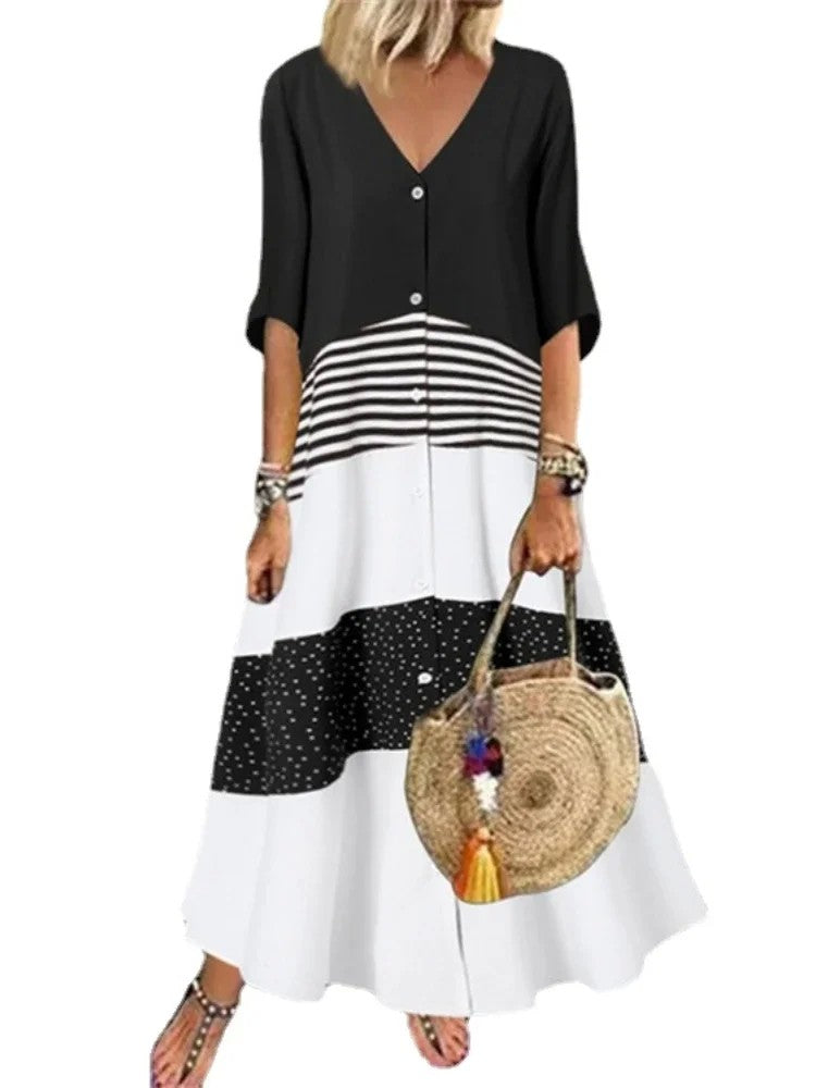 Vestido  primavera – elegante, colorido, decote em V, manga 7/4, estilo casual para férias, com estampa exclusiva!