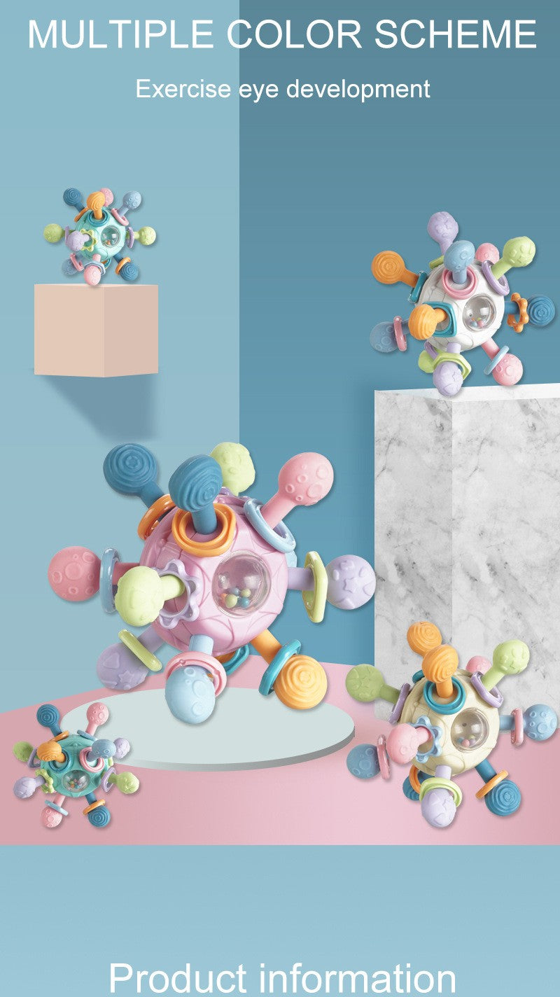 Brinquedo sensorial para bebês 0–12 meses – bola giratória, chocalho, mordedor de silicone e atividade de desenvolvimento.
