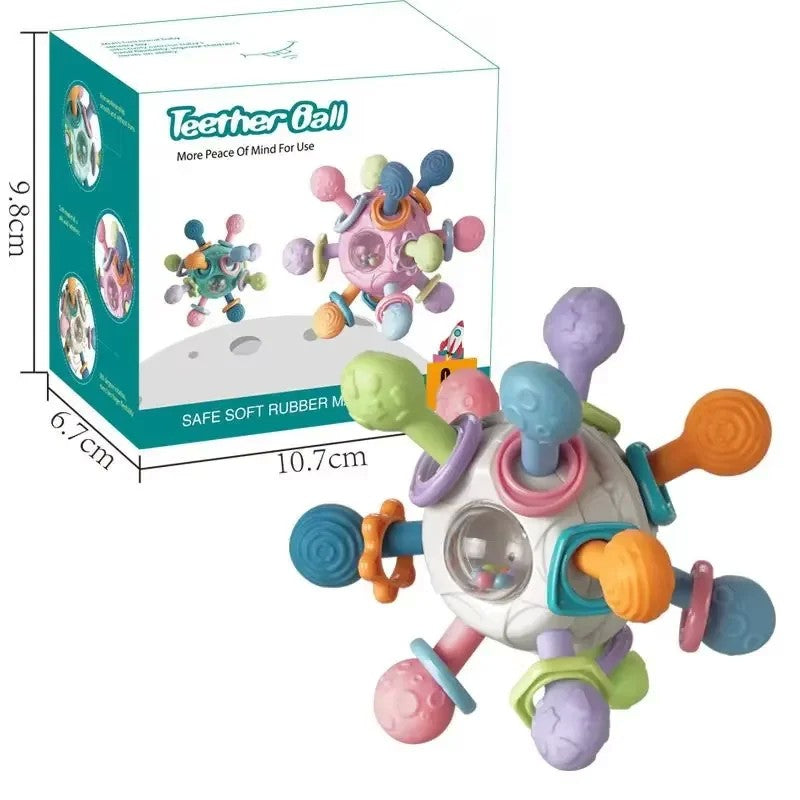 Brinquedo sensorial para bebês 0–12 meses – bola giratória, chocalho, mordedor de silicone e atividade de desenvolvimento.