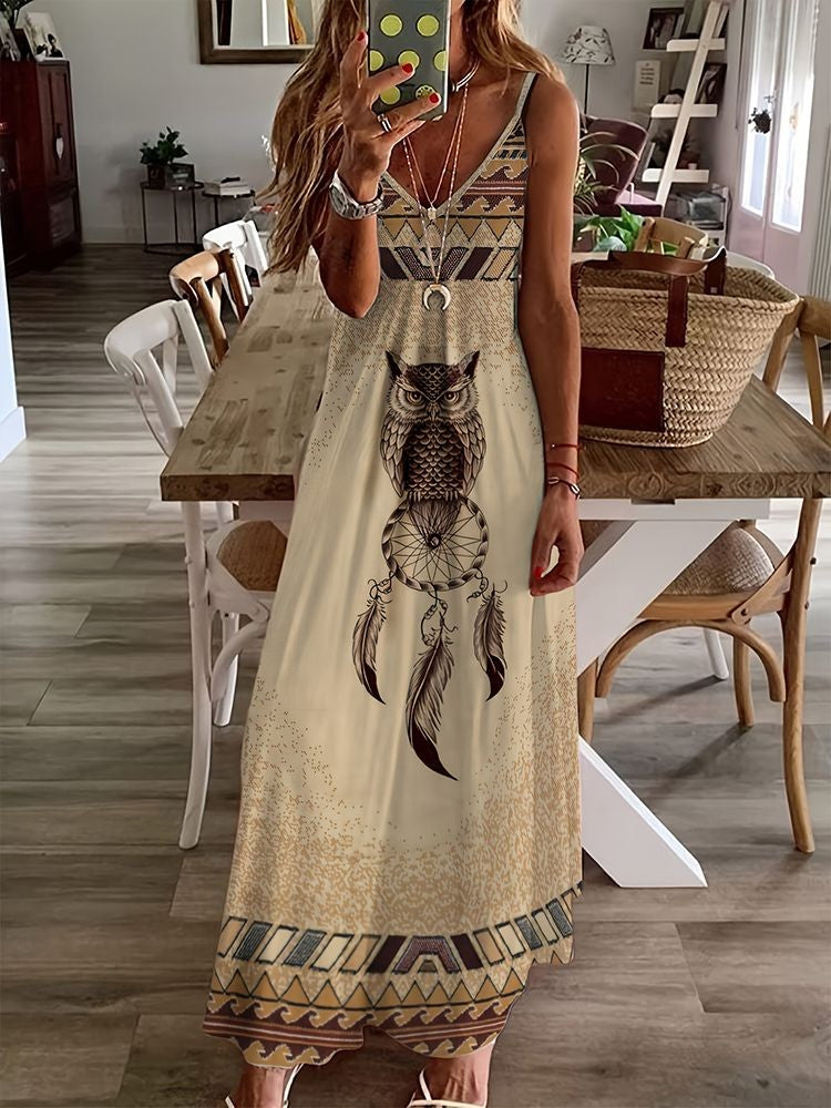 Vestido longo feminino com estampa de coruja indiana, sem mangas, decote V, casual e estiloso para o verão.