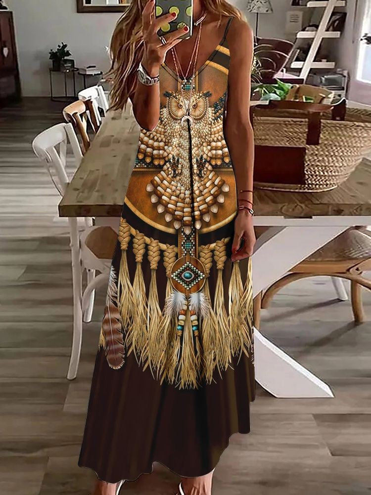 Vestido longo feminino com estampa de coruja indiana, sem mangas, decote V, casual e estiloso para o verão.