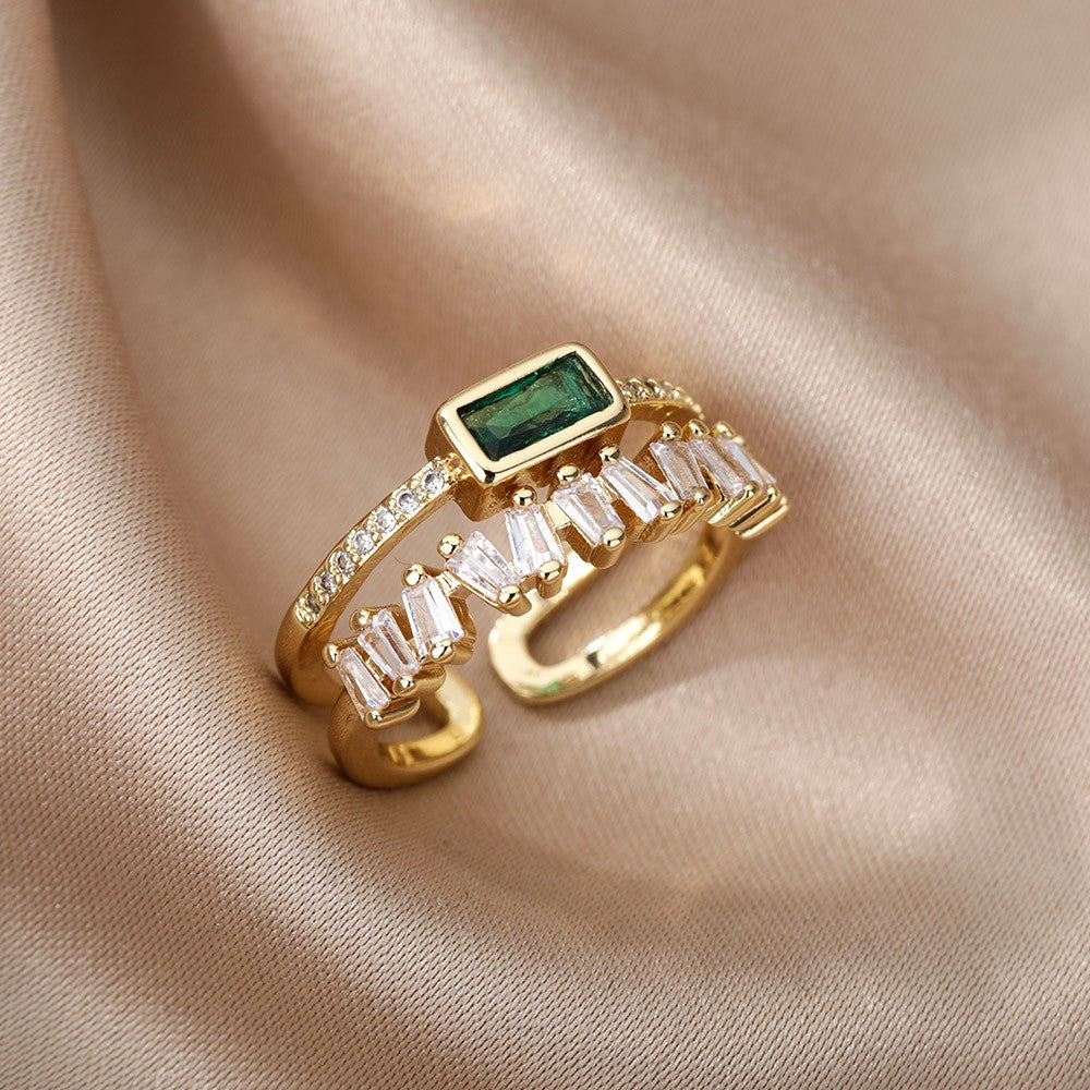 Anel de Zircão Verde Clássico ? | Design Irregular em Camada Dupla ? | Aço Inoxidável Banhado a Ouro ? | Ajustável, Ideal para Casamento ?
