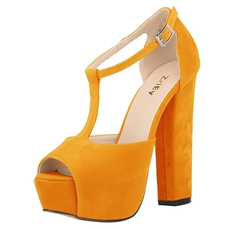Sandálias femininas verão 2025 — salto alto grosso de 14 cm, modelo peep toe, com plataforma, fivela ajustável e estilo sexy. Ideal para festas, vestidos elegantes e casamentos.