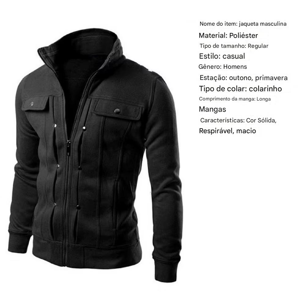 Jaqueta Masculina  - Vestuário Externo em Cor Sólida, com Gola, Fecho de Botões e Zíper, Ideal para Primavera e Outono, Modelo Longo para Homens.