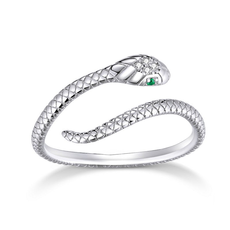 Bamoer | Anel Ajustável em Prata Esterlina 925, Banhado a Platina, com Zircão Verde e Textura Retrô de Cobra – Disponível em 4 Cores.