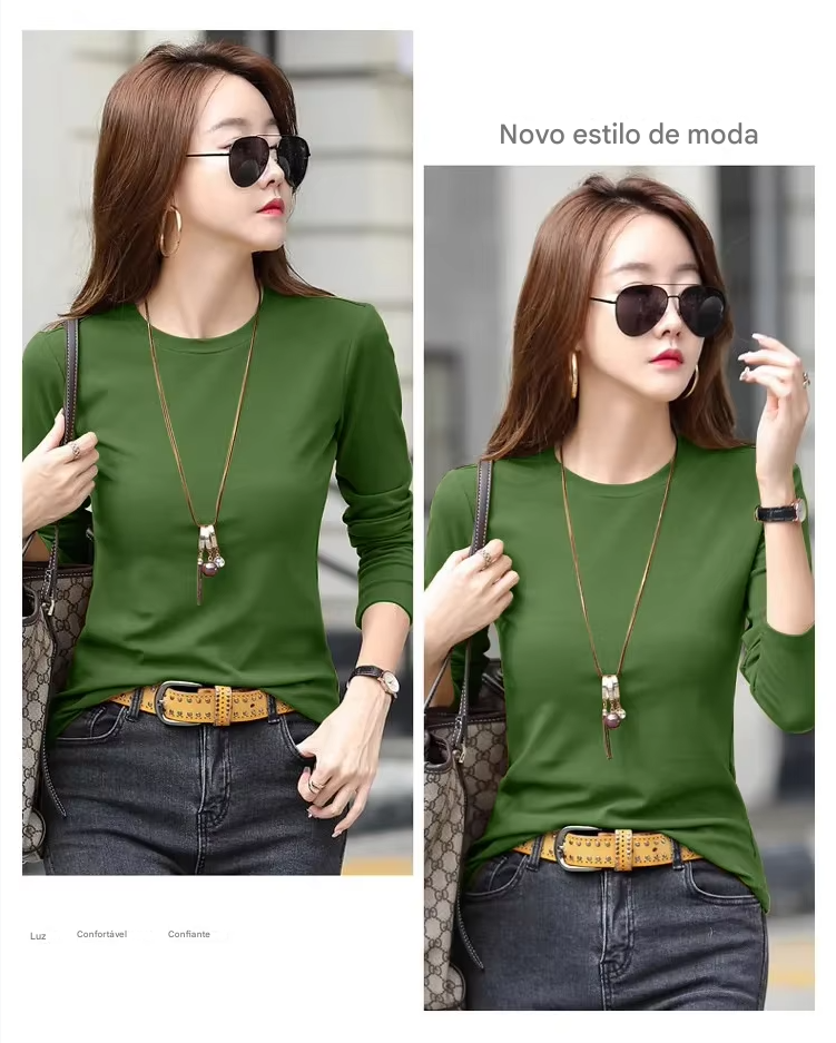 Camiseta feminina slim fit de manga longa com gola redonda, estilo simples e elegante, decorada com detalhes em linha, perfeita para o outono e inverno, feita de poliéster.