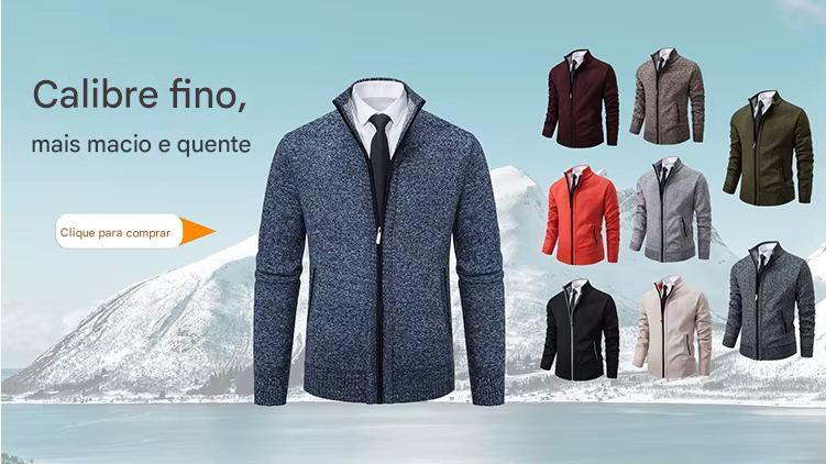 Blusas de lã masculinas para outono e inverno, com zíper. Este cardigan coreano é quente e esportivo, perfeito para os meses frios. Disponível em marrom, é uma peça versátil para o guarda-roupa masculino.