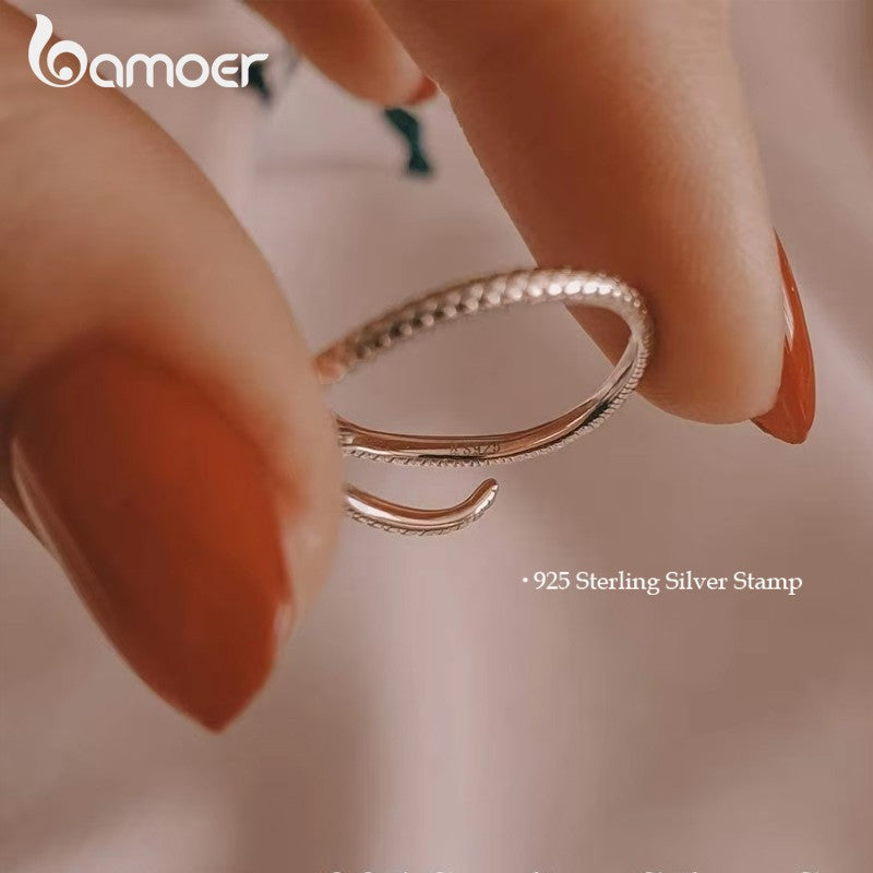 Bamoer | Anel Ajustável em Prata Esterlina 925, Banhado a Platina, com Zircão Verde e Textura Retrô de Cobra – Disponível em 4 Cores.