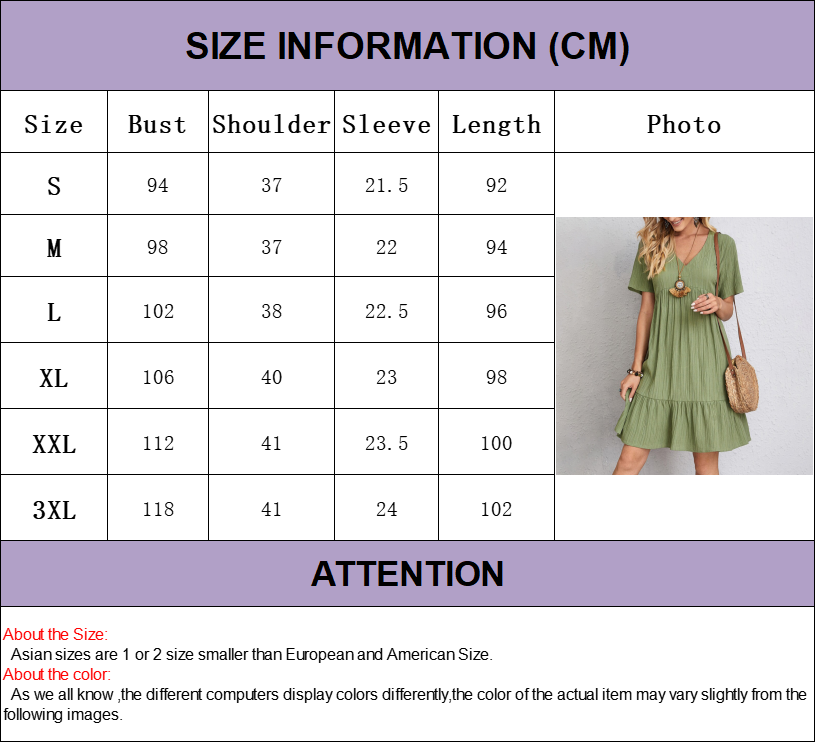 VerVestido Feminino Casual de Verão: Sólido, boêmio, com decote em V, mangas curtas, babados, solto, A-line. Mini vestido elegante, ideal para praia, festa ou uso diário.
