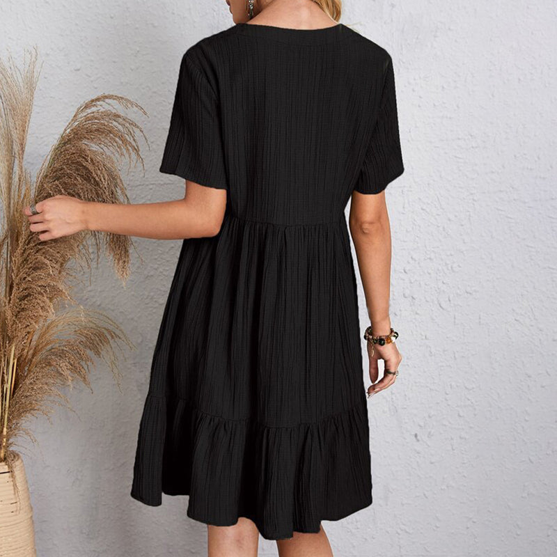 VerVestido Feminino Casual de Verão: Sólido, boêmio, com decote em V, mangas curtas, babados, solto, A-line. Mini vestido elegante, ideal para praia, festa ou uso diário.