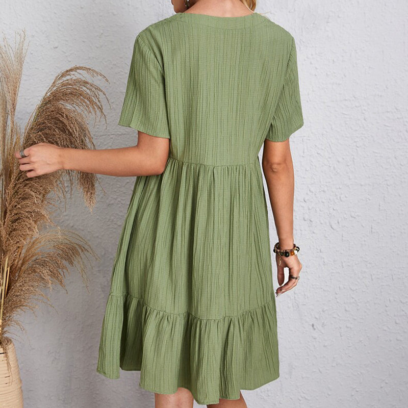 VerVestido Feminino Casual de Verão: Sólido, boêmio, com decote em V, mangas curtas, babados, solto, A-line. Mini vestido elegante, ideal para praia, festa ou uso diário.