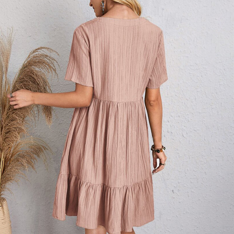 VerVestido Feminino Casual de Verão: Sólido, boêmio, com decote em V, mangas curtas, babados, solto, A-line. Mini vestido elegante, ideal para praia, festa ou uso diário.