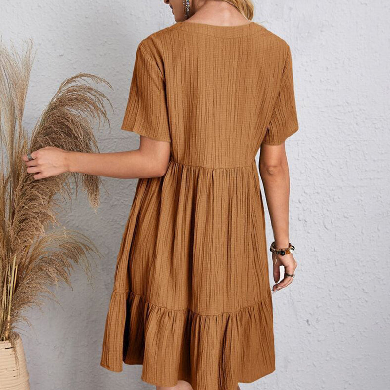 VerVestido Feminino Casual de Verão: Sólido, boêmio, com decote em V, mangas curtas, babados, solto, A-line. Mini vestido elegante, ideal para praia, festa ou uso diário.