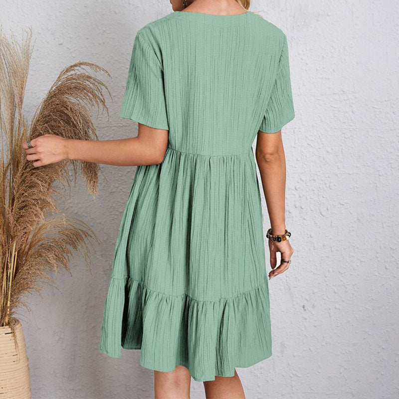 VerVestido Feminino Casual de Verão: Sólido, boêmio, com decote em V, mangas curtas, babados, solto, A-line. Mini vestido elegante, ideal para praia, festa ou uso diário.