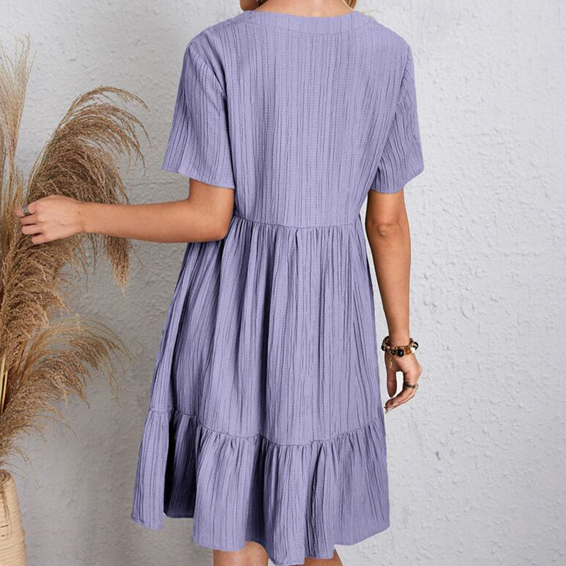 VerVestido Feminino Casual de Verão: Sólido, boêmio, com decote em V, mangas curtas, babados, solto, A-line. Mini vestido elegante, ideal para praia, festa ou uso diário.
