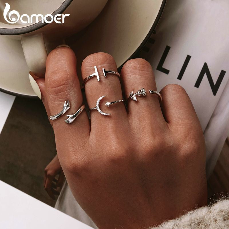 Anel Ajustável Bamoer 925 em Prata Esterlina – Perfeito para Transmitir Amor e Calor, Disponível em 3 Cores.