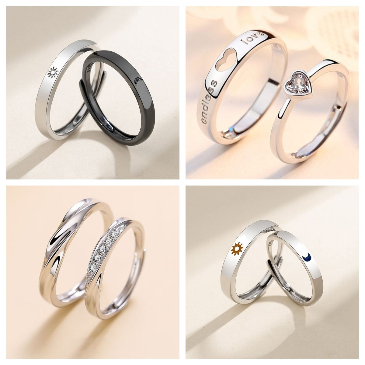 Novo anel ajustável de casal, cor prata, sol e lua — anel aberto para mulheres e homens, ideal para casamento, moda, joias e presentes.