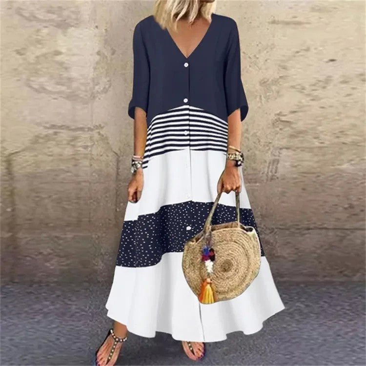 Vestido  primavera – elegante, colorido, decote em V, manga 7/4, estilo casual para férias, com estampa exclusiva!