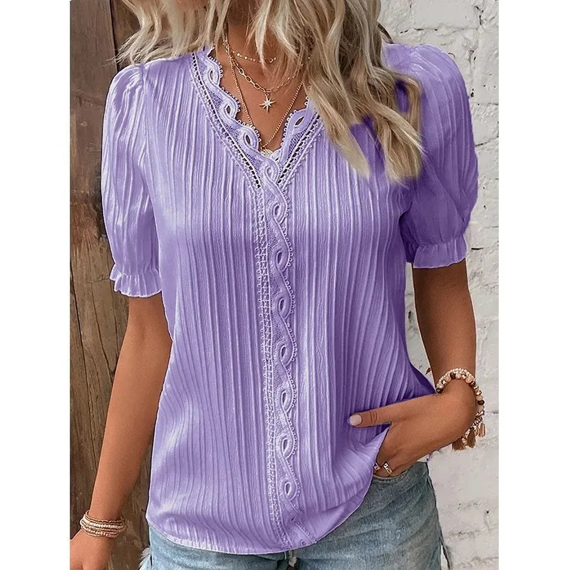 Novo top feminino de verão, sólido e sexy, com decote em V e mangas curtas. Blusa solta de moda splice, plus size, ideal para o vestuário de rua