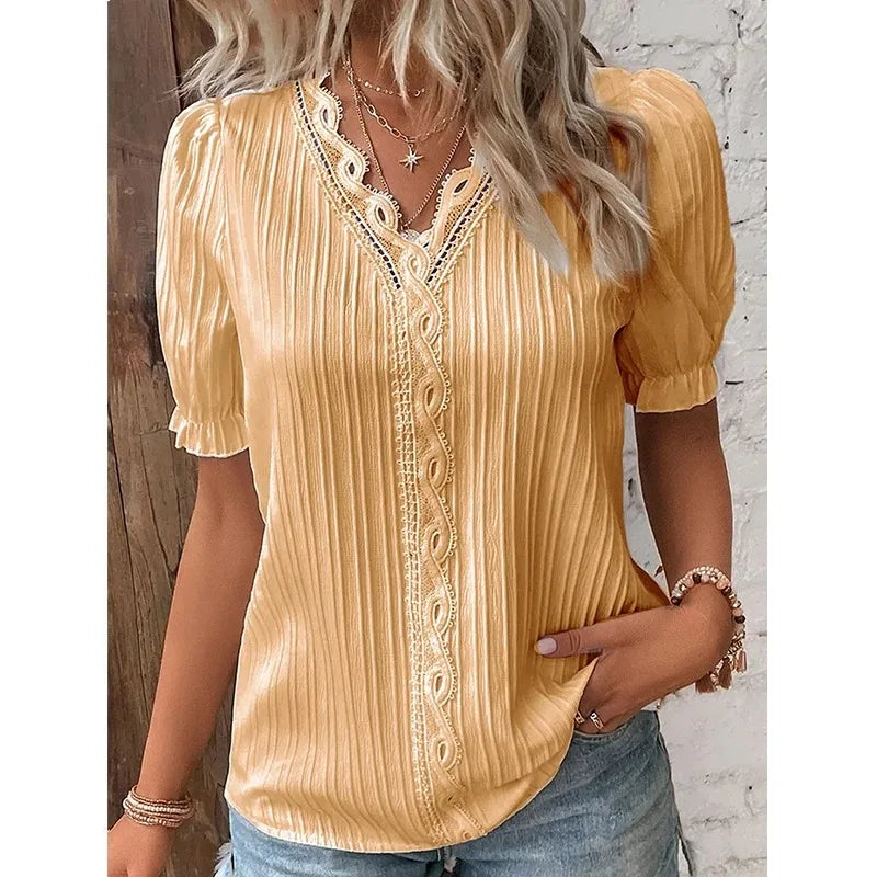 Novo top feminino de verão, sólido e sexy, com decote em V e mangas curtas. Blusa solta de moda splice, plus size, ideal para o vestuário de rua